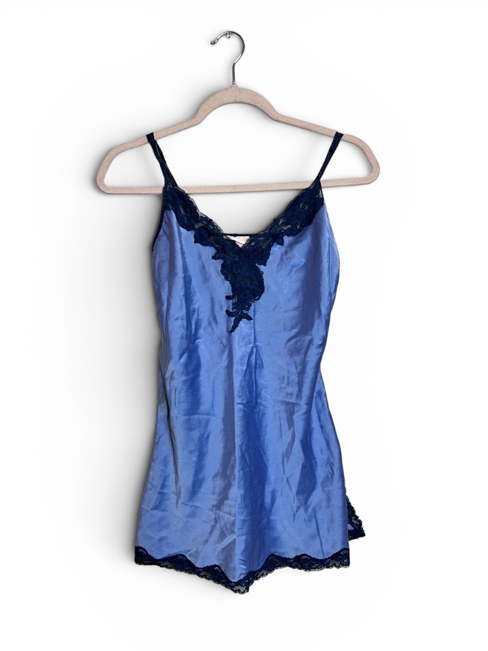 Victoria's Secret Blue Silk Chemise with Navy Lace